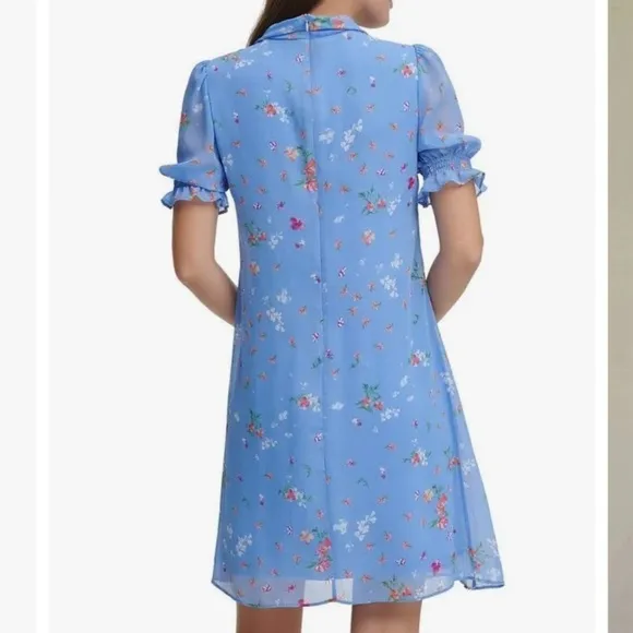 DKNY Floral Chiffon Bow Neck Trapeze Dress in Blue Mist Multi Size 4