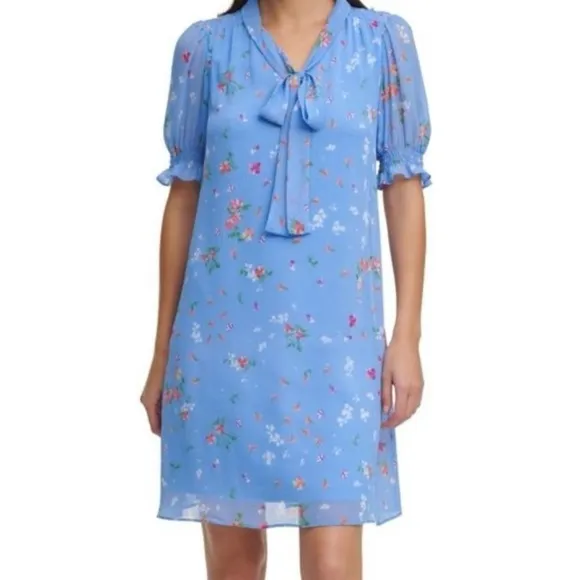 DKNY Floral Chiffon Bow Neck Trapeze Dress in Blue Mist Multi Size 4