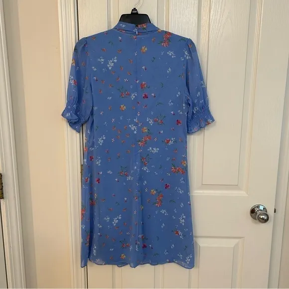 DKNY Floral Chiffon Bow Neck Trapeze Dress in Blue Mist Multi Size 4