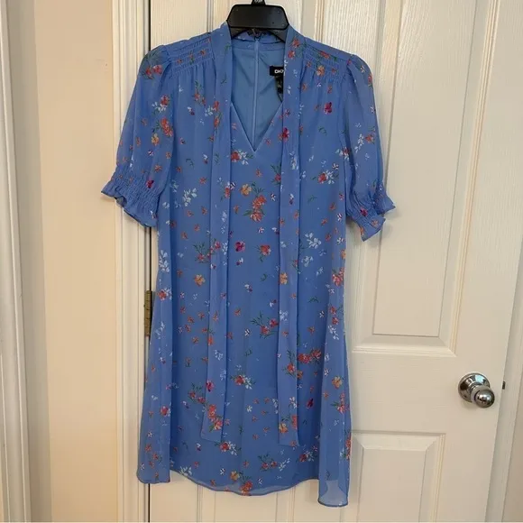 DKNY Floral Chiffon Bow Neck Trapeze Dress in Blue Mist Multi Size 4