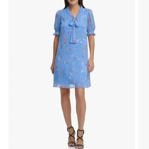 DKNY Floral Chiffon Bow Neck Trapeze Dress in Blue Mist Multi Size 4
