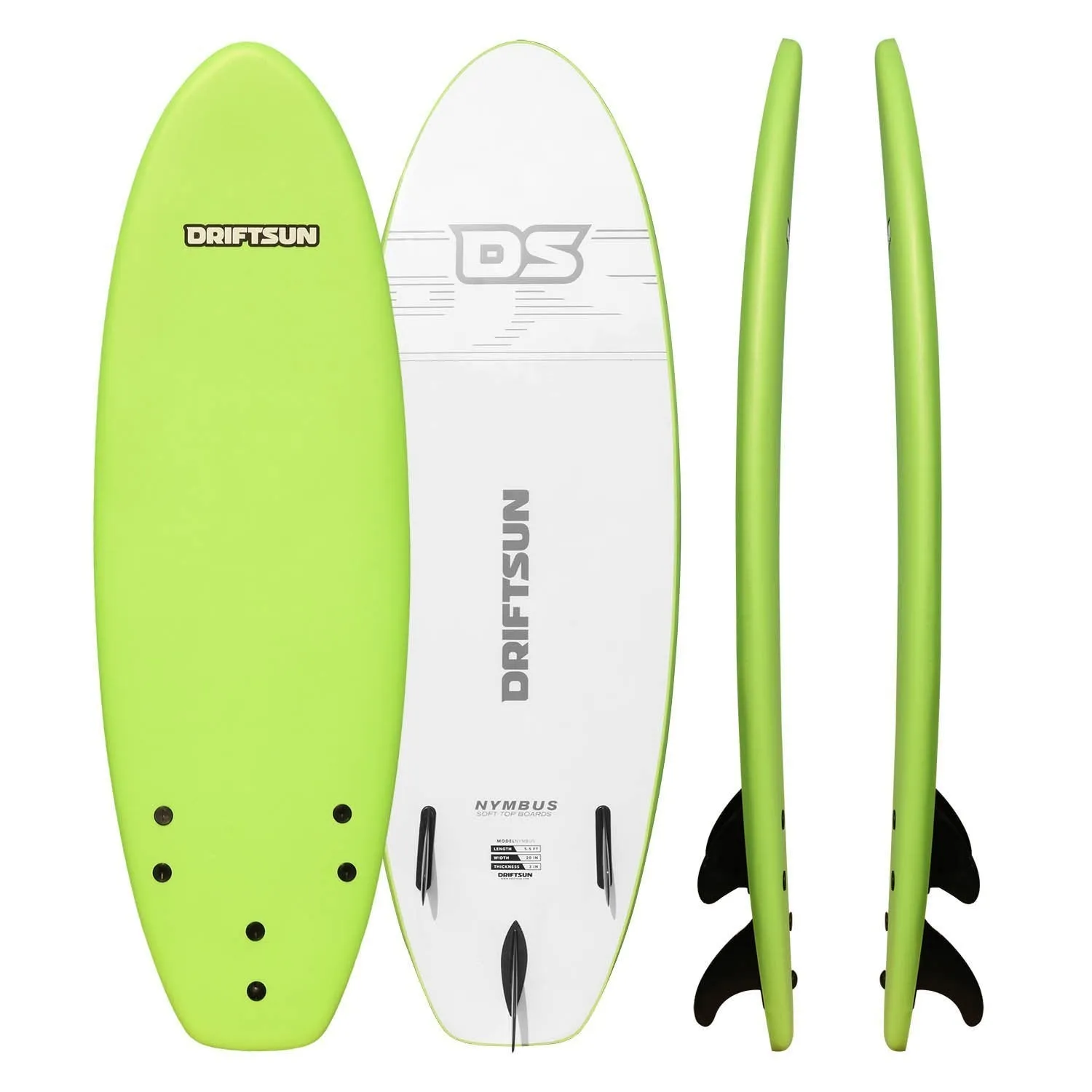 Driftsun Nymbus Foam Surfboard, EPS Foam Core, Includes 3 Removable Fins