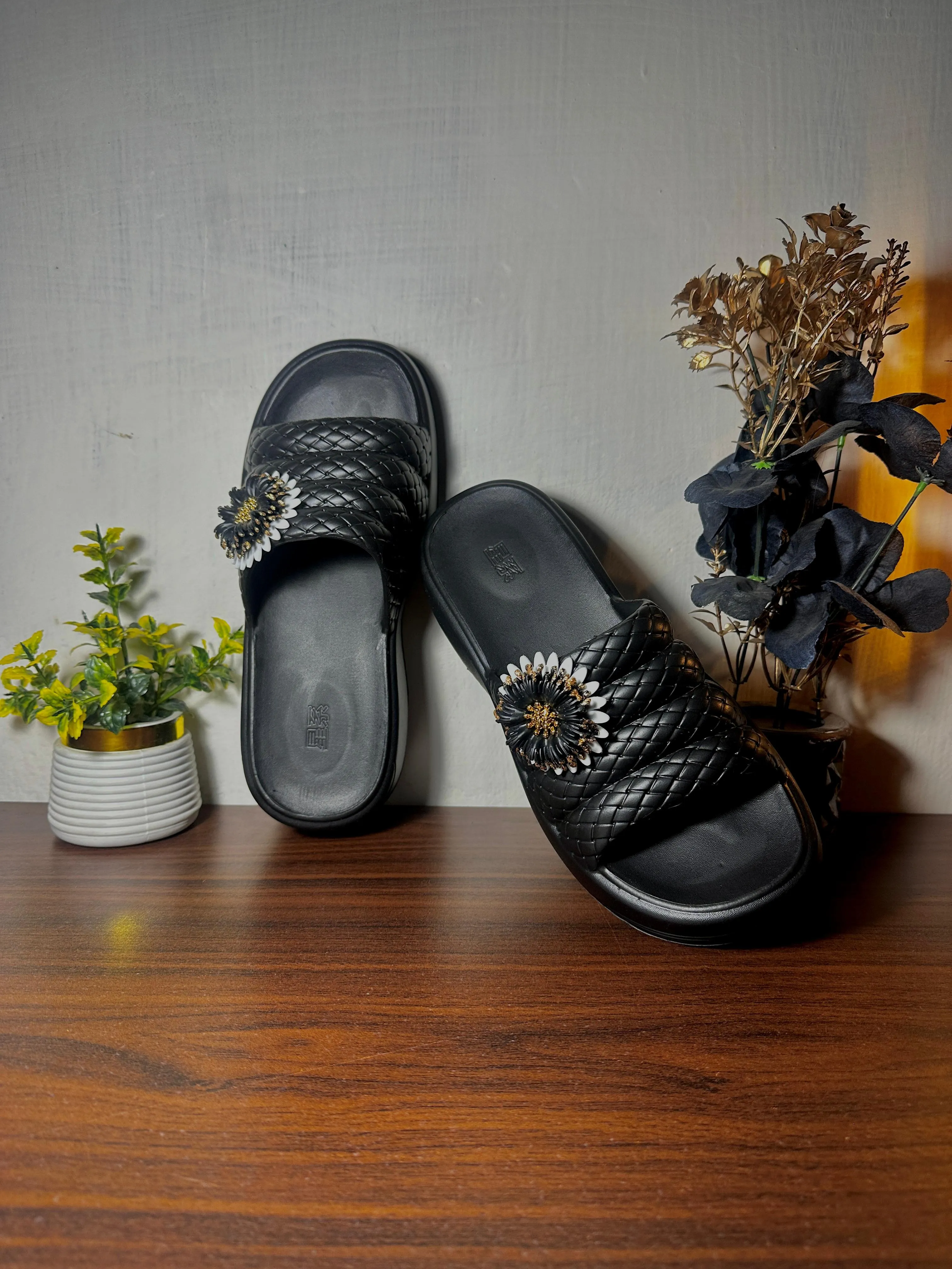 Elegant Black EVR Material Slippers with Floral Detail