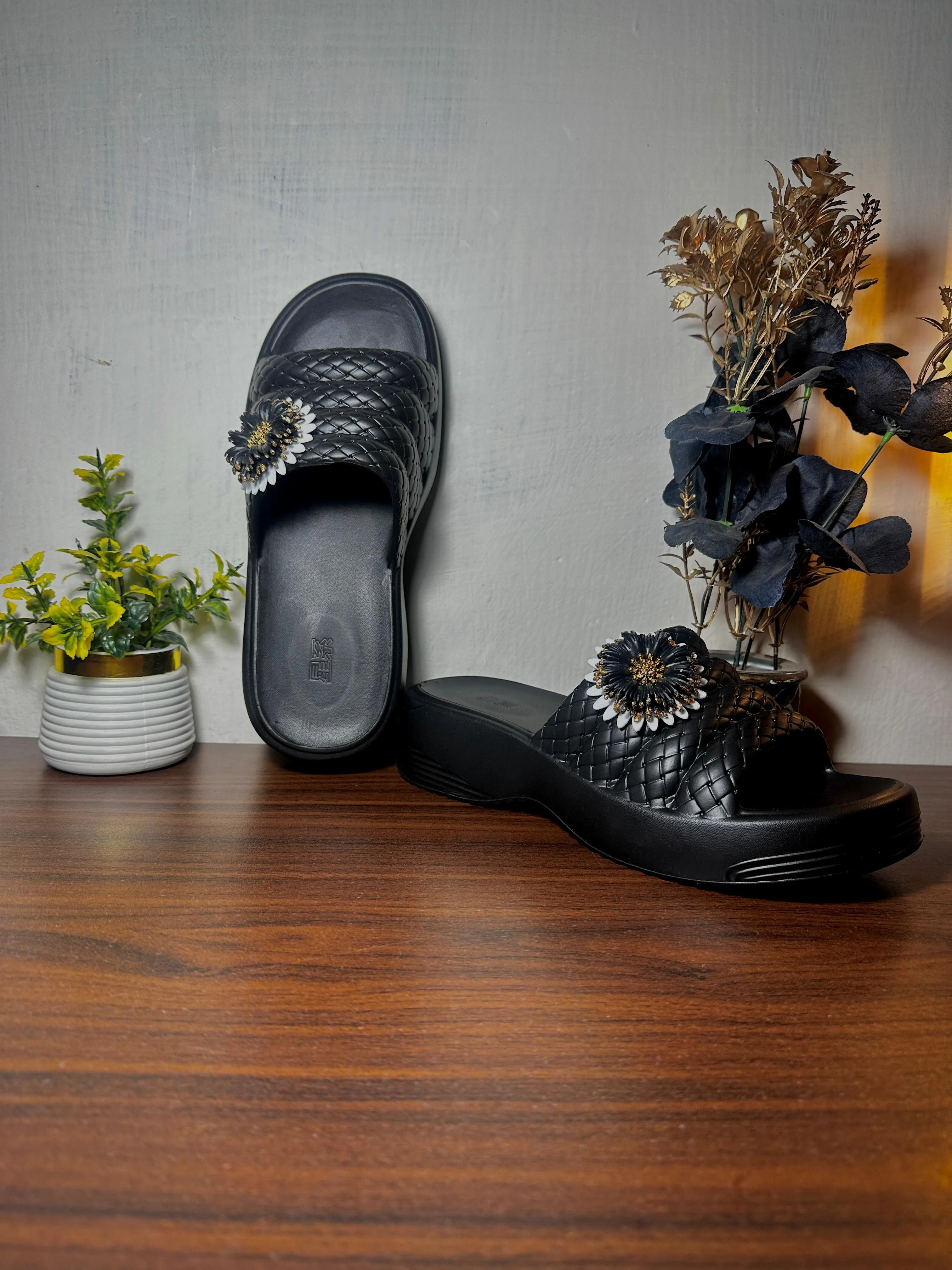 Elegant Black EVR Material Slippers with Floral Detail