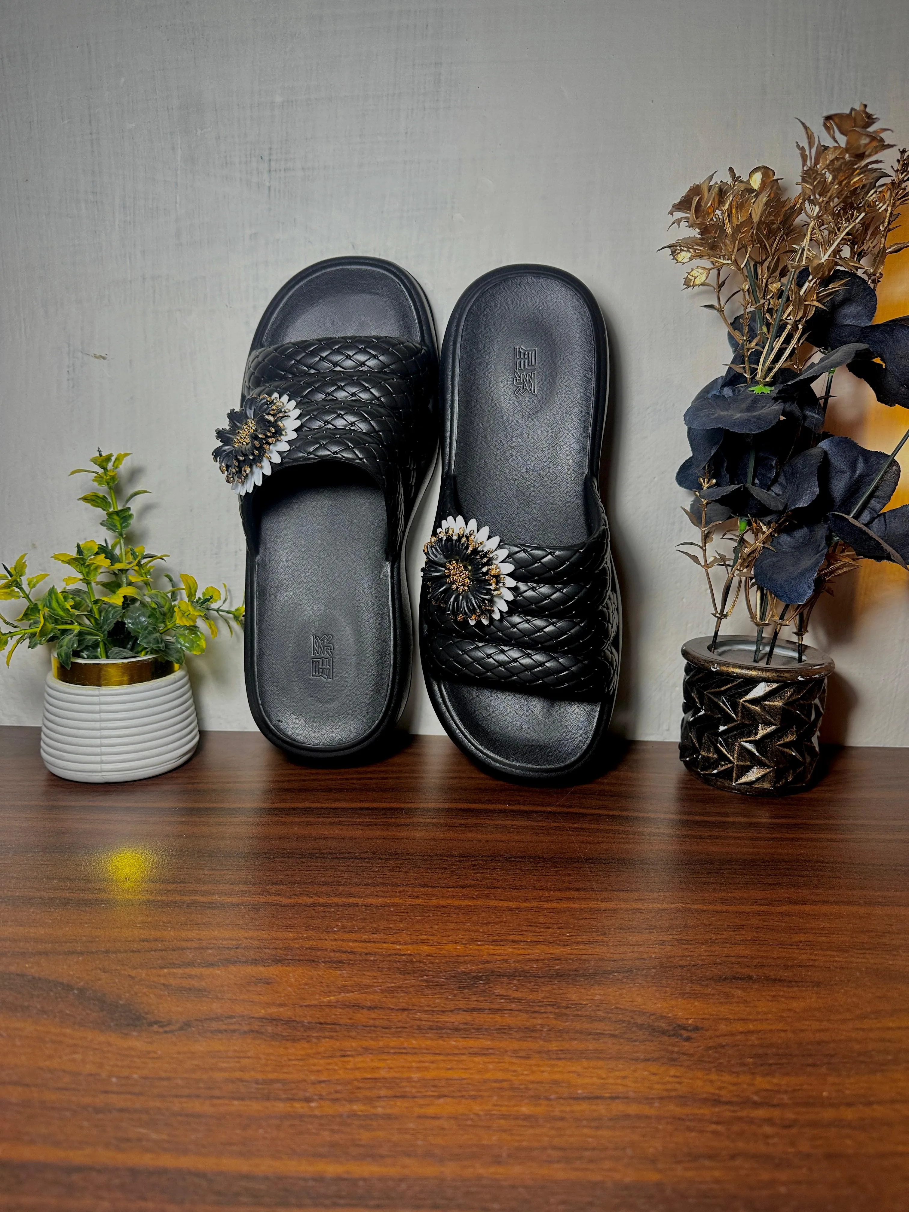 Elegant Black EVR Material Slippers with Floral Detail
