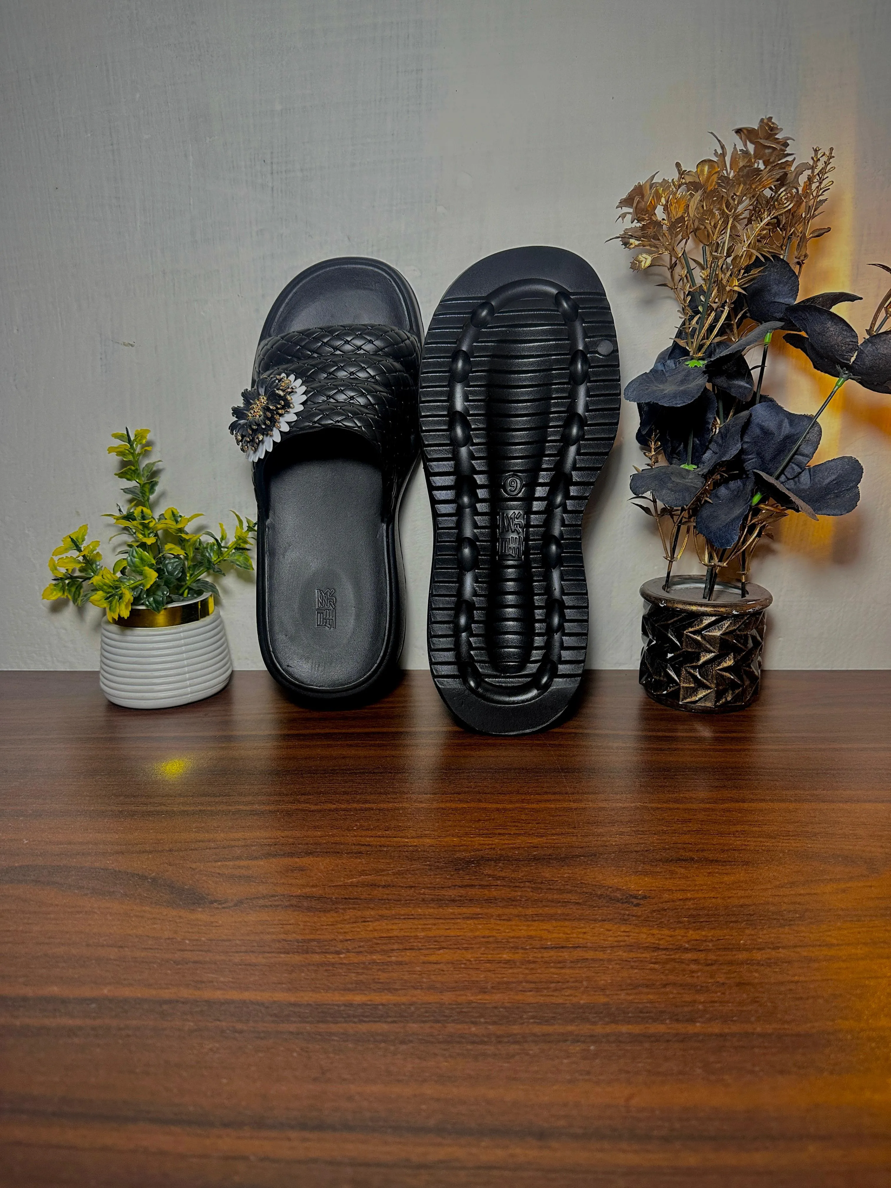 Elegant Black EVR Material Slippers with Floral Detail