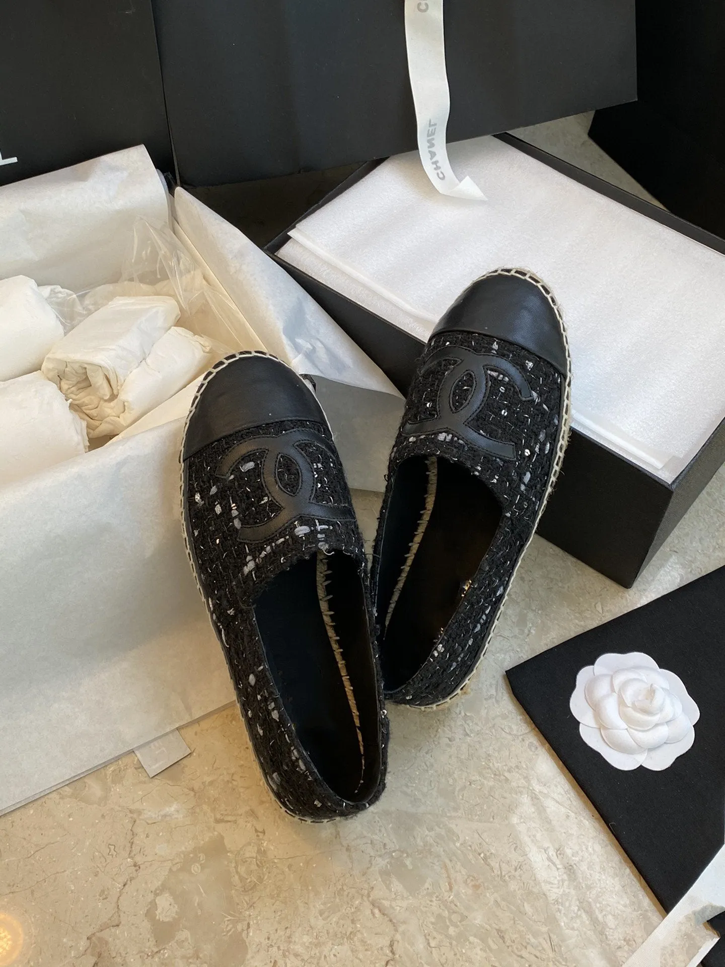 espadriles black white tweed black lambskin
