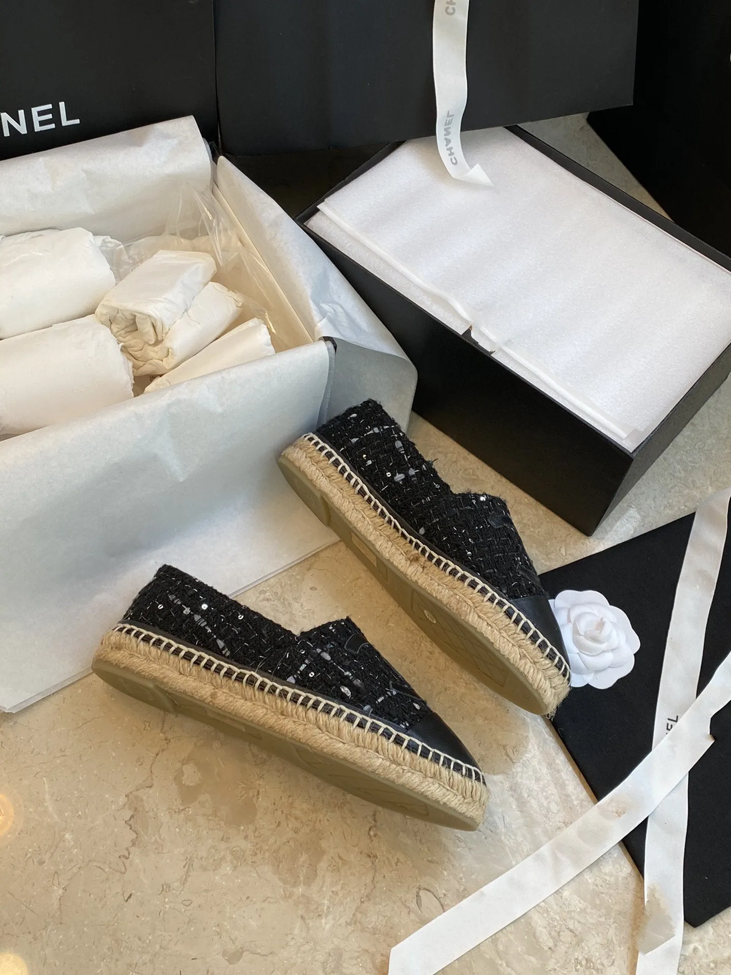 espadriles black white tweed black lambskin