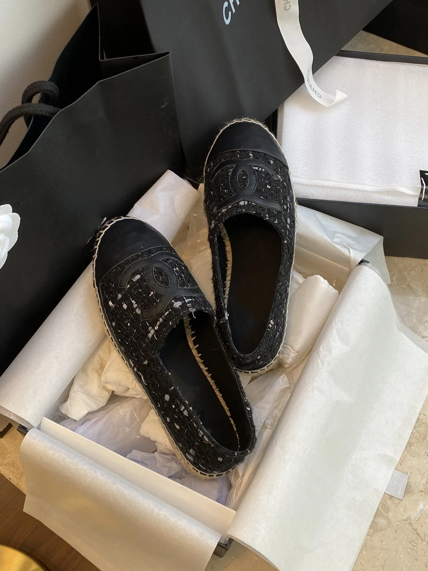 espadriles black white tweed black lambskin