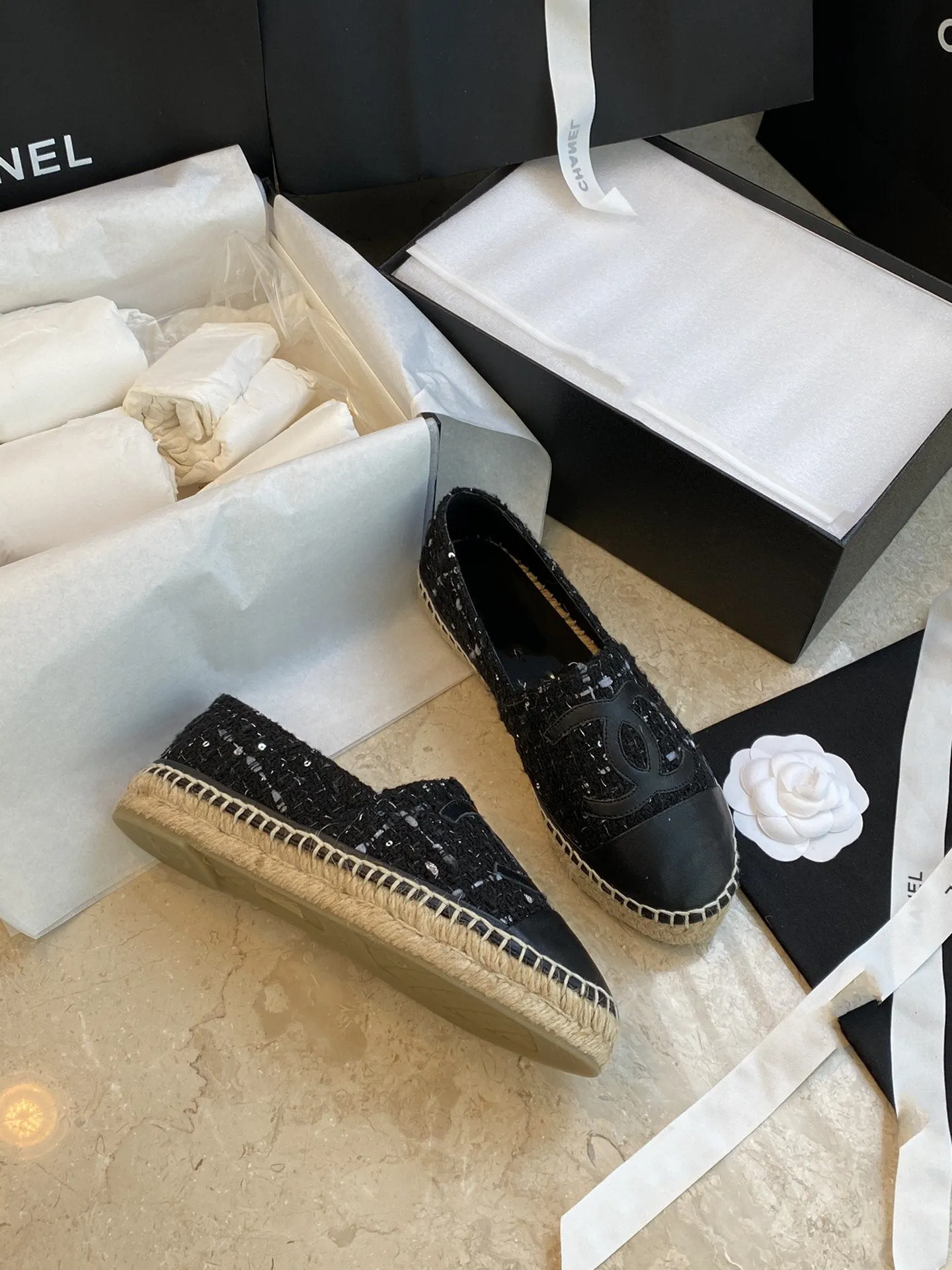 espadriles black white tweed black lambskin