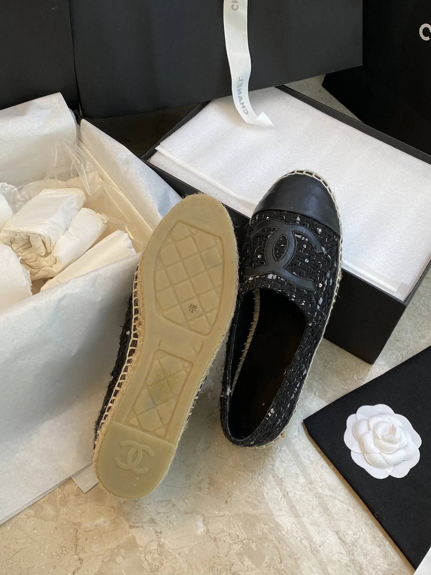 espadriles black white tweed black lambskin