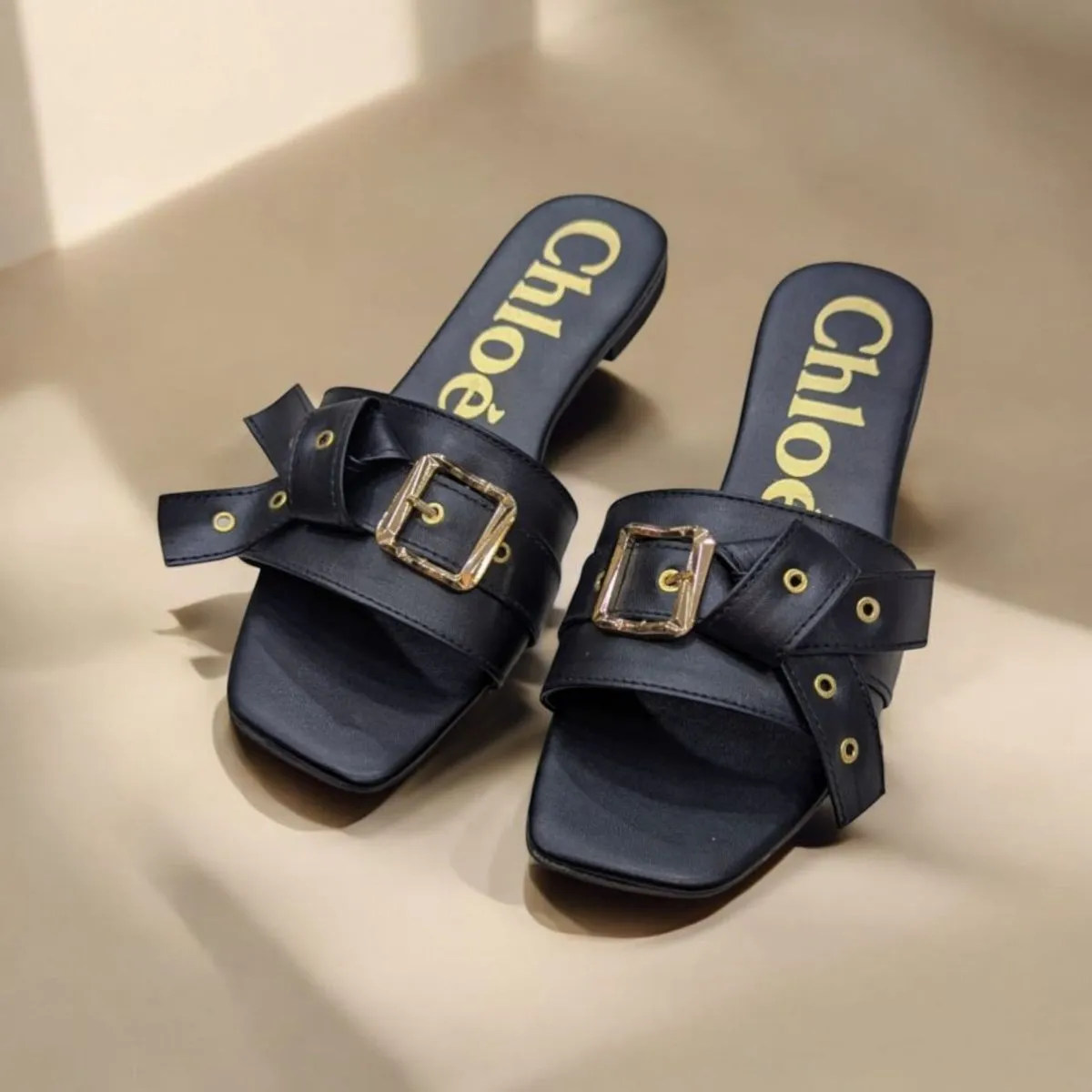 Flat Mae Buckle Embellished Black Slippers