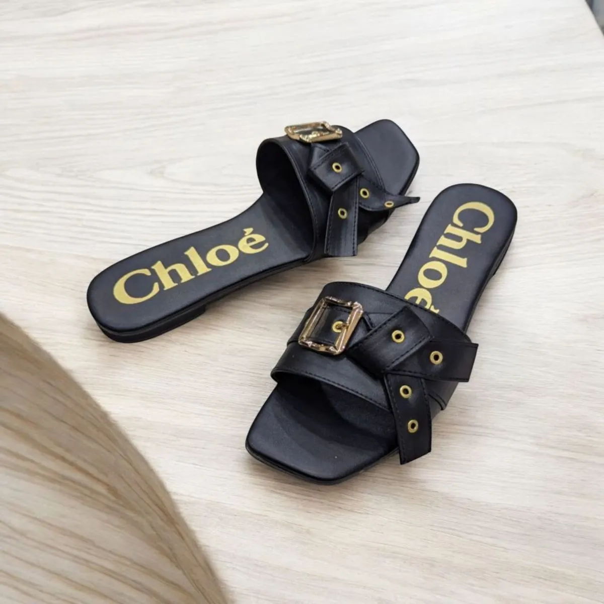 Flat Mae Buckle Embellished Black Slippers