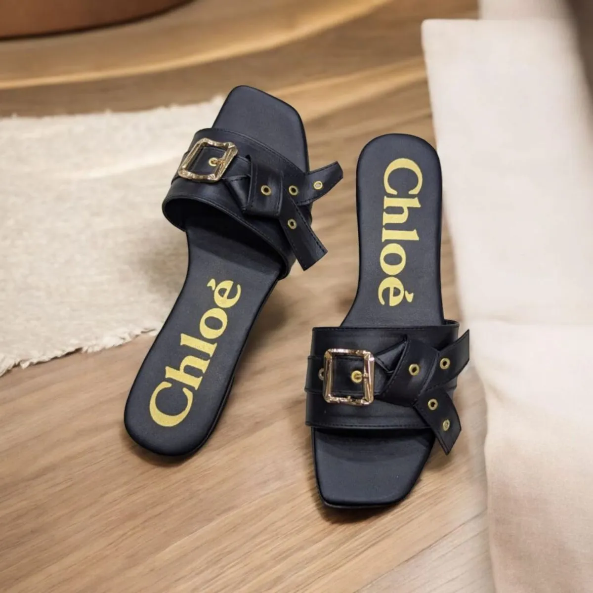 Flat Mae Buckle Embellished Black Slippers
