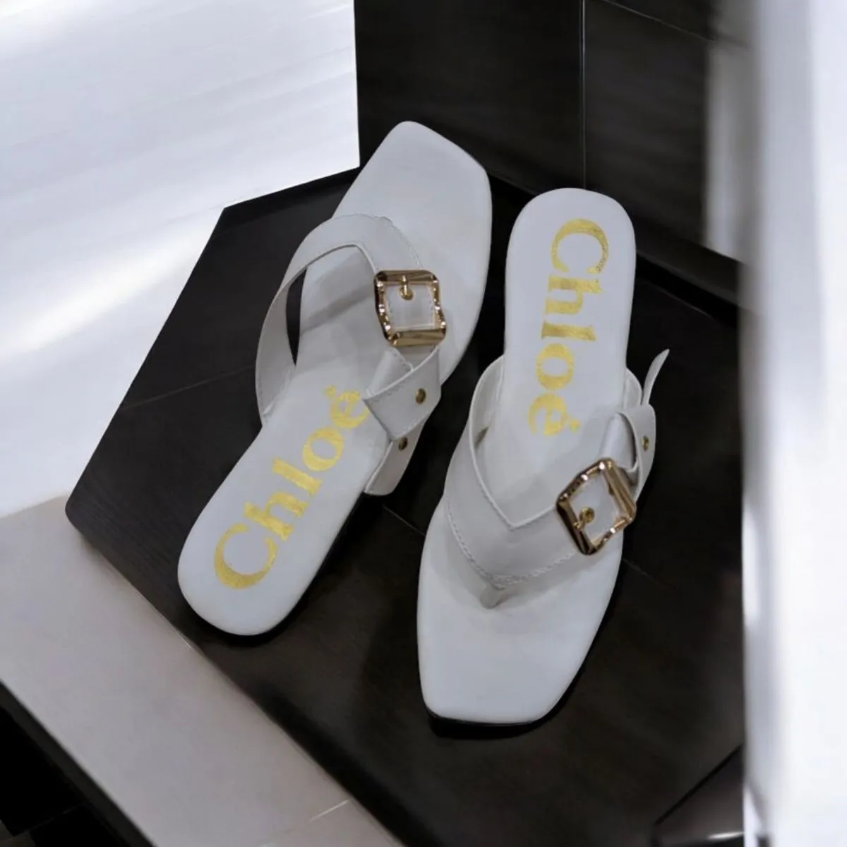 Flat Mae Buckle Embellished White Slippers