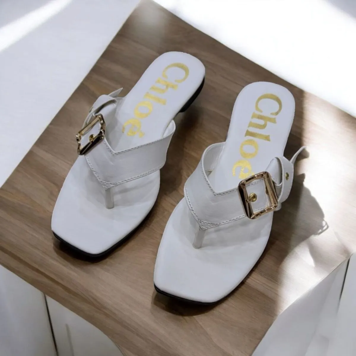 Flat Mae Buckle Embellished White Slippers