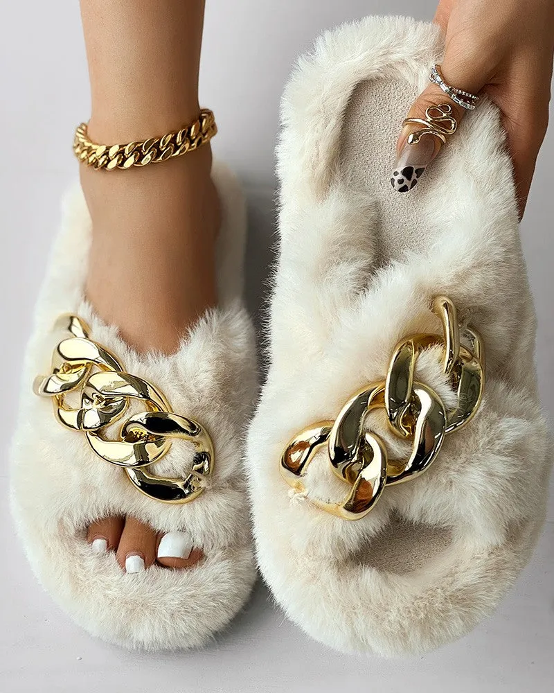 Fuzzy Chain Decor Cross Strap Slippers