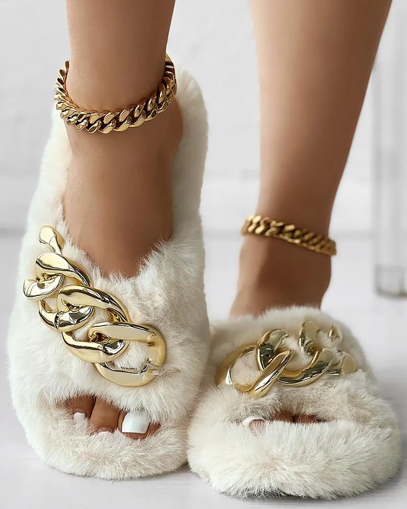 Fuzzy Chain Decor Cross Strap Slippers