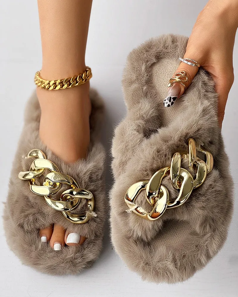 Fuzzy Chain Decor Cross Strap Slippers