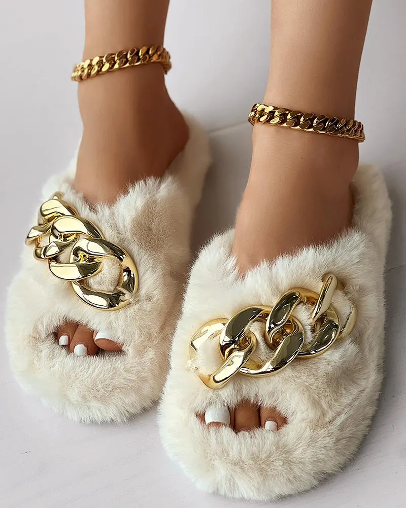 Fuzzy Chain Decor Cross Strap Slippers