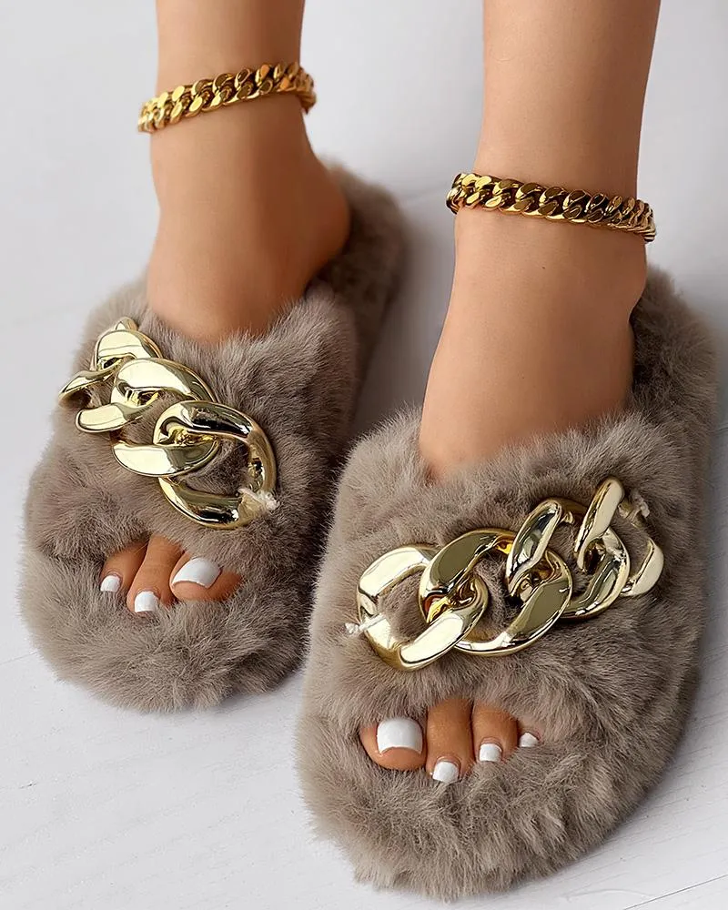Fuzzy Chain Decor Cross Strap Slippers