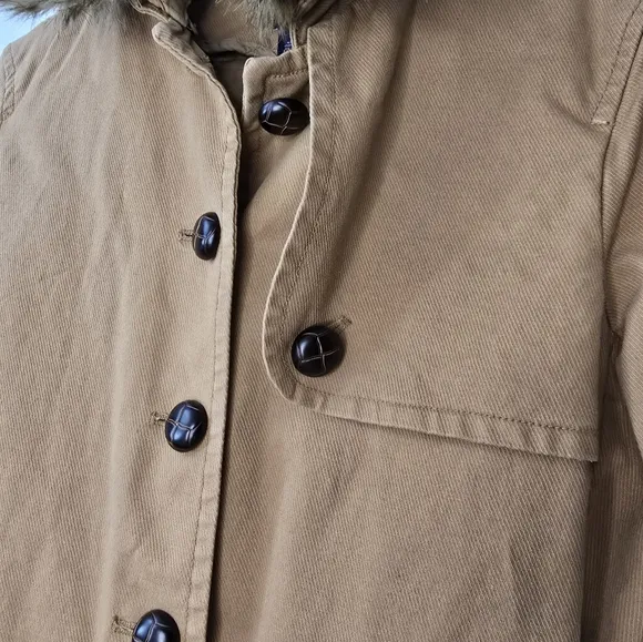 GAP Herringbone Belted Jacket with Faux Fur Collar and Removable Insert Tan XS