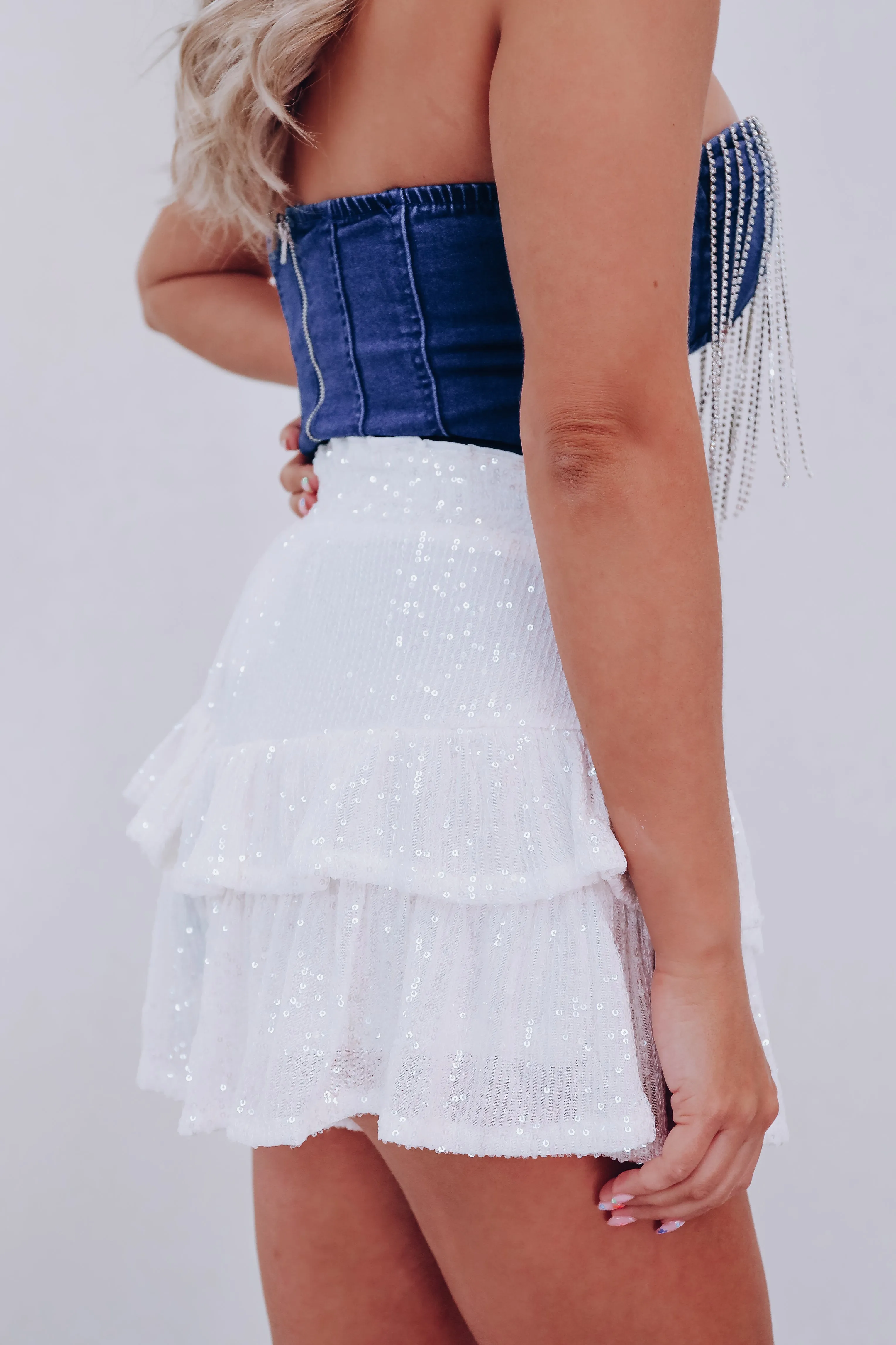 Girly Chic Ruffled Sequin Skorts - White