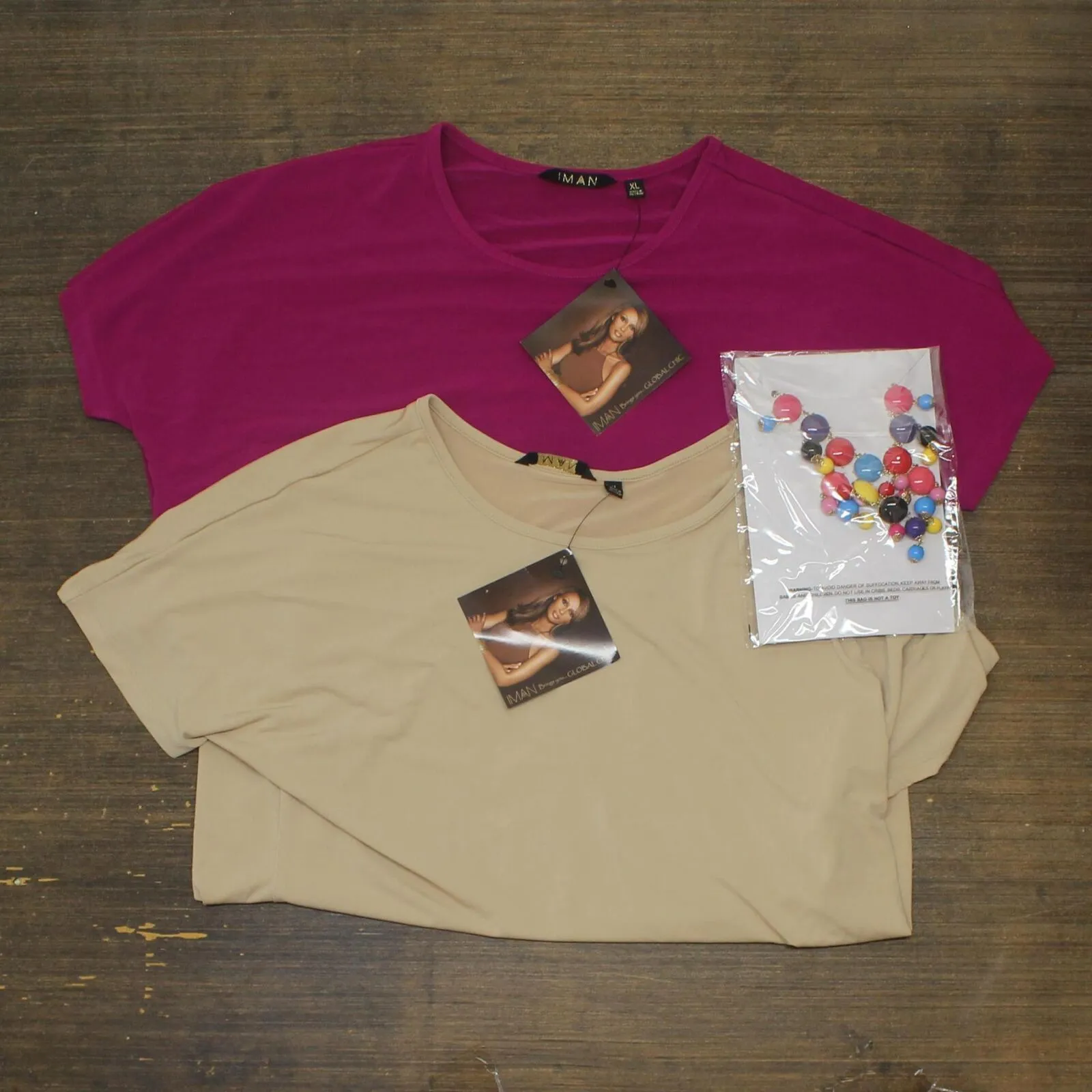 Global Chic By Iman City Chic Shirt Tee LOT OF 2 Necklace Berry Purple / Buff XL