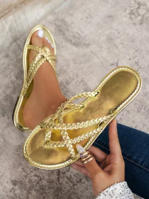 Gold and Silver Woven Toe-Ring Flat Slide Sandals