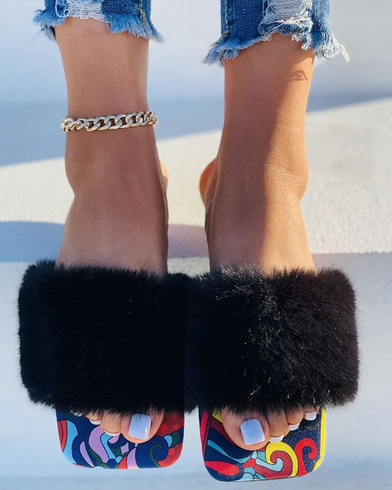 Graphic Print Fluffy Strap Square Toe Slippers
