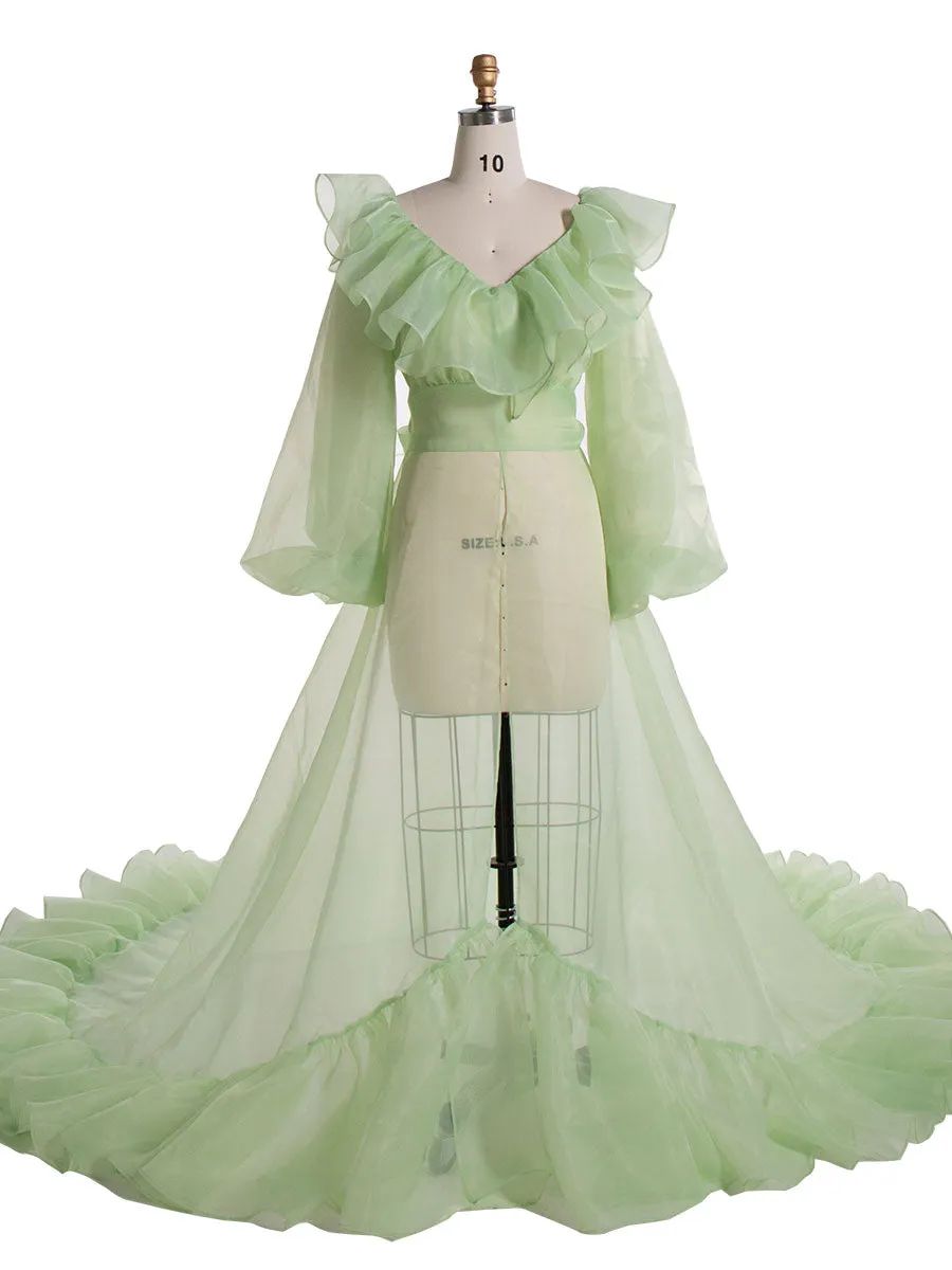 High Waist Puffy Sleeves Ruffles Cream Maternity Photoshoot Dress YW231095-1