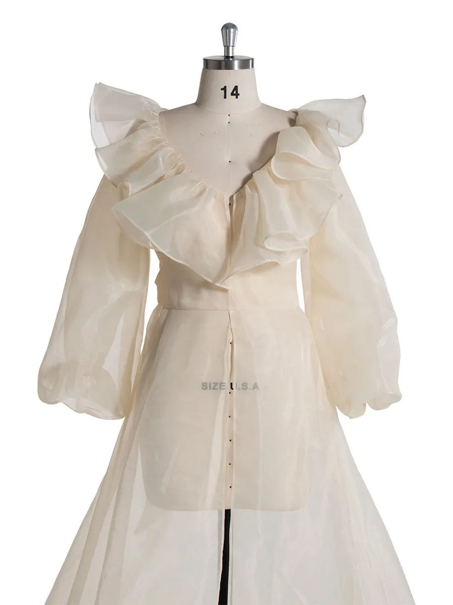 High Waist Puffy Sleeves Ruffles Cream Maternity Photoshoot Dress YW231095-1