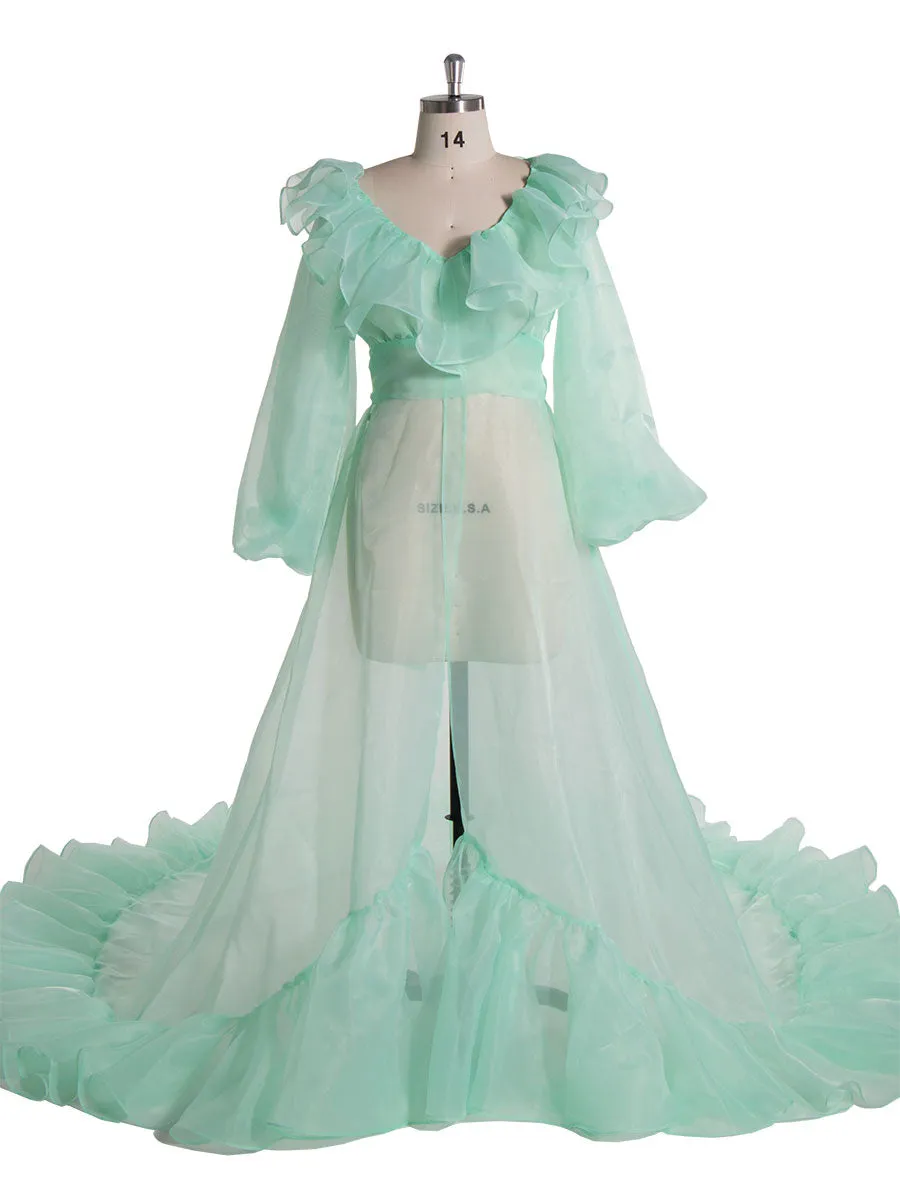 High Waist Puffy Sleeves Ruffles Cream Maternity Photoshoot Dress YW231095-1