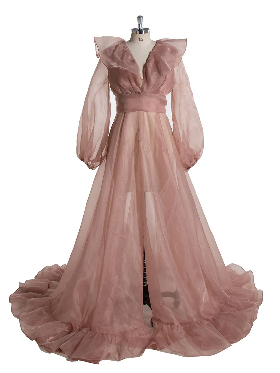 High Waist Puffy Sleeves Ruffles Cream Maternity Photoshoot Dress YW231095-1