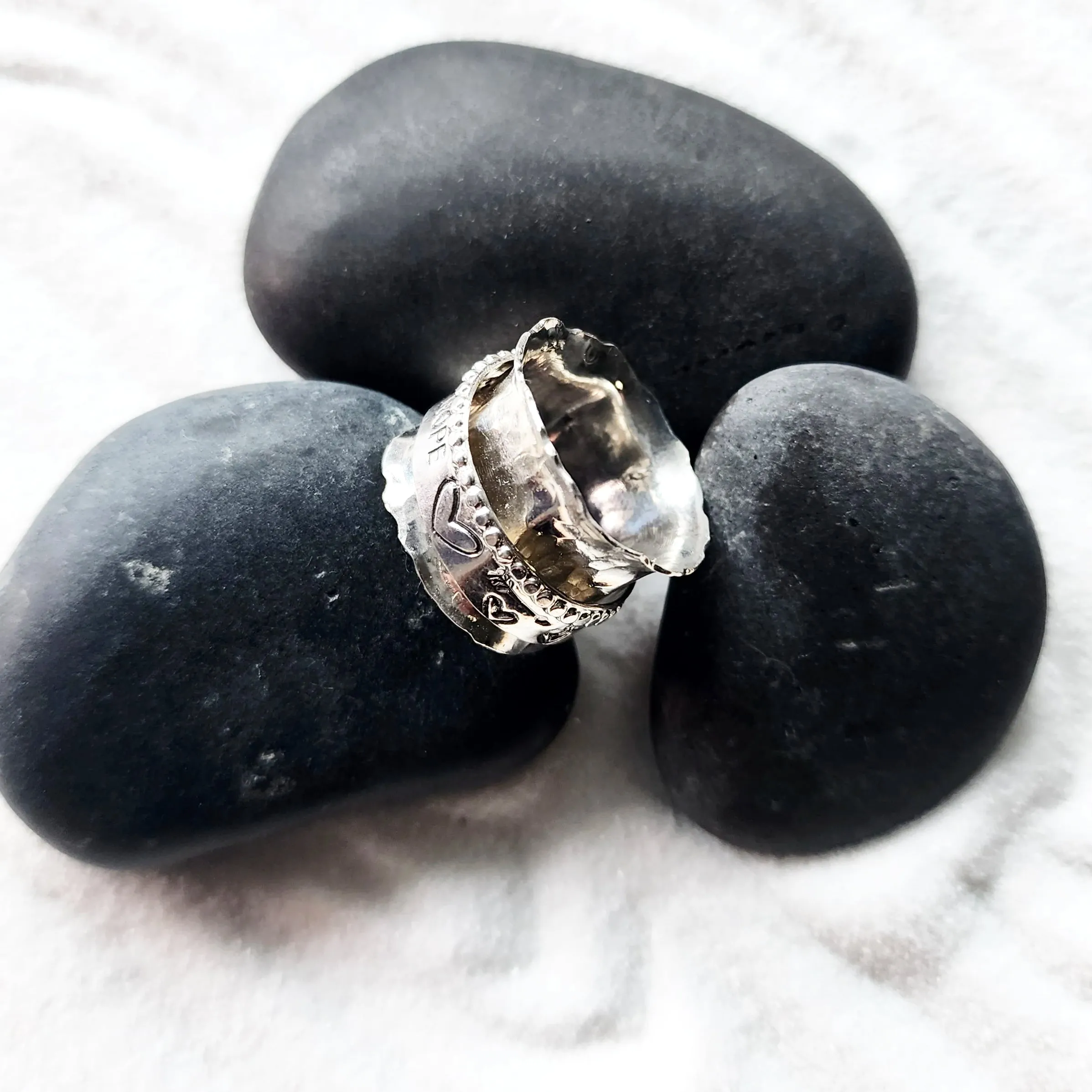 Hope Spinner Ring | Handcrafted .925 Sterling Silver Hammered Bypass Ring with Hearts & Arrow