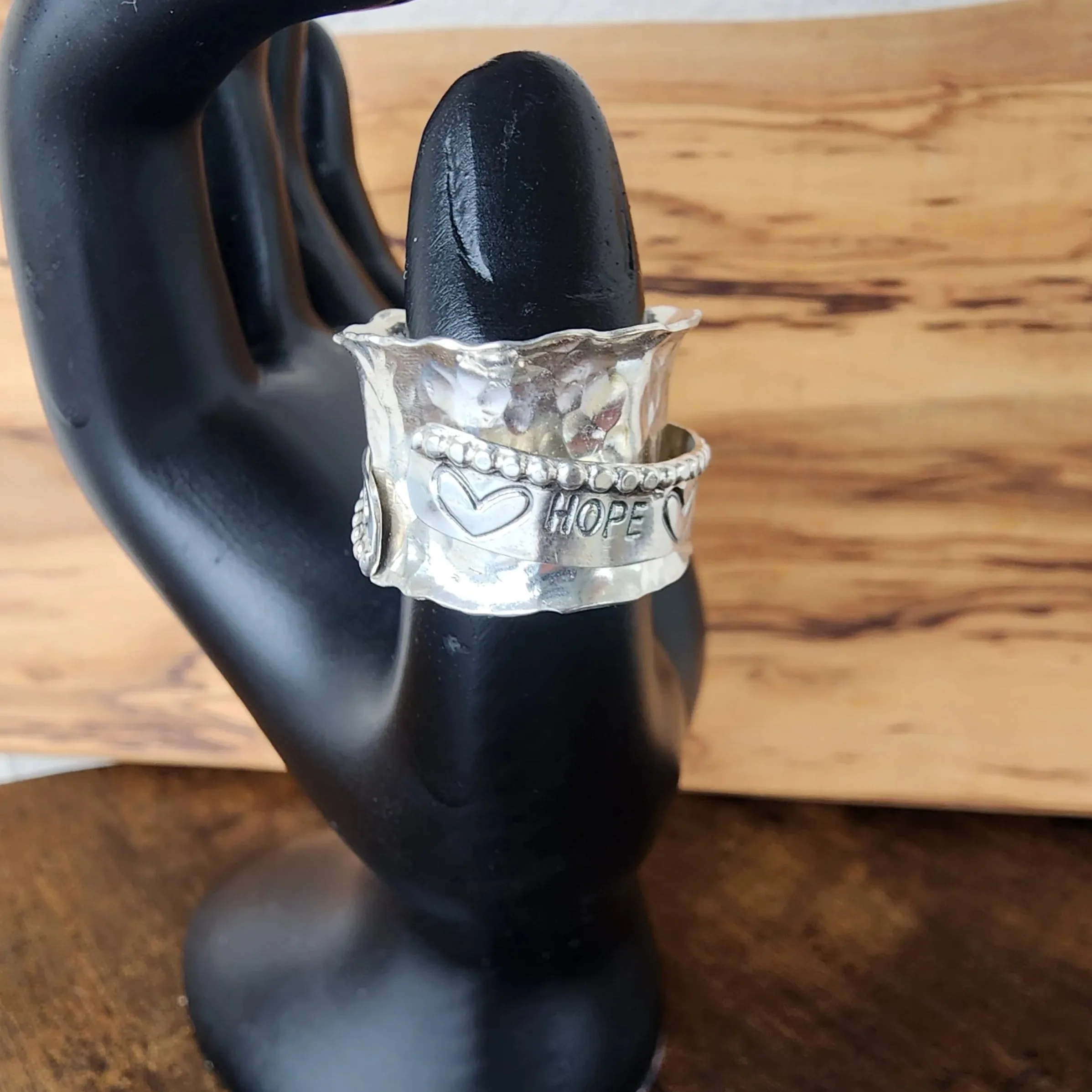 Hope Spinner Ring | Handcrafted .925 Sterling Silver Hammered Bypass Ring with Hearts & Arrow