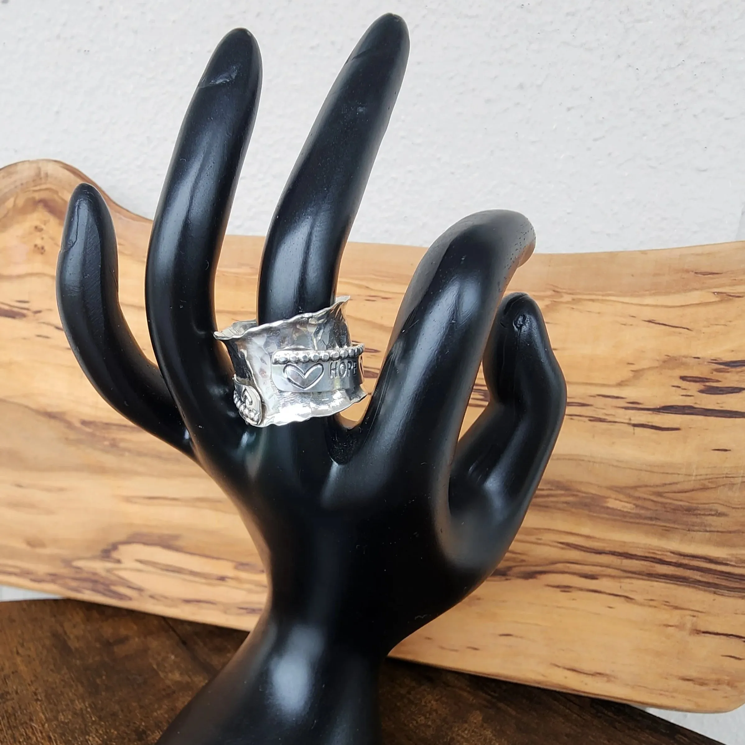 Hope Spinner Ring | Handcrafted .925 Sterling Silver Hammered Bypass Ring with Hearts & Arrow