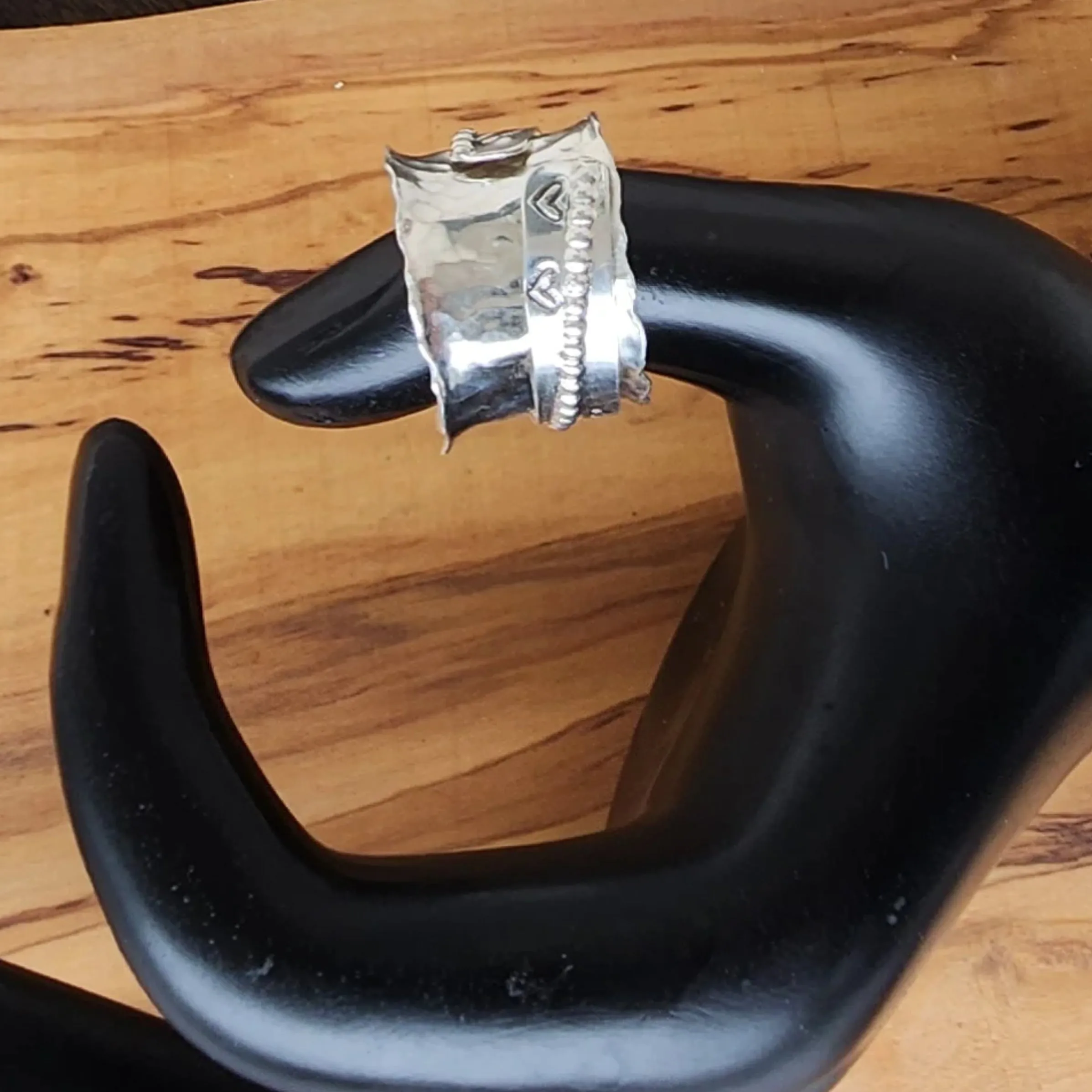 Hope Spinner Ring | Handcrafted .925 Sterling Silver Hammered Bypass Ring with Hearts & Arrow