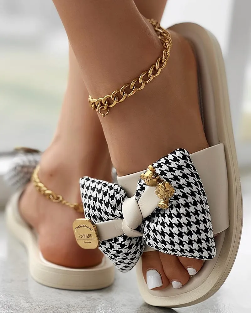 Houndstooth Bowknot Design Summer Slippers