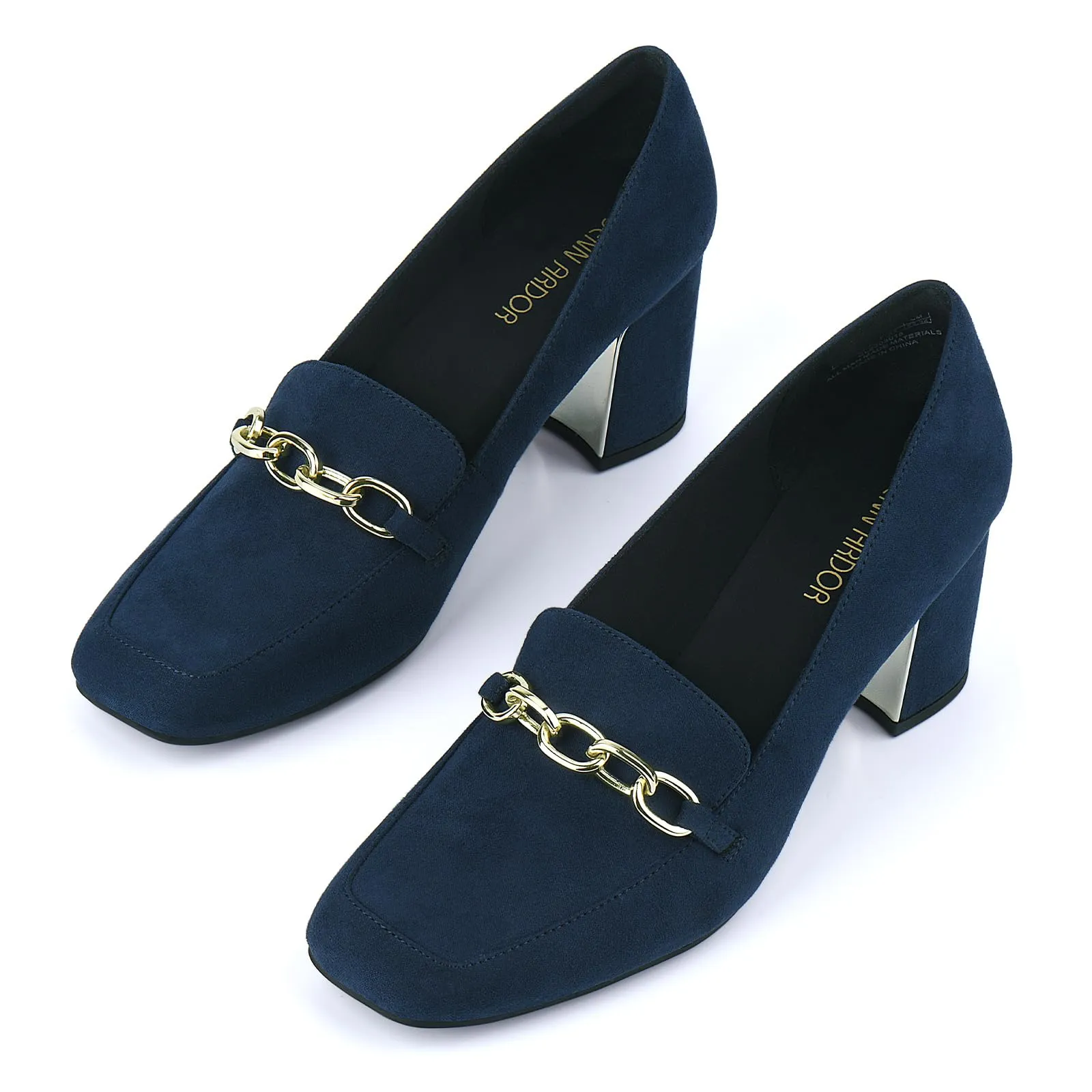 JENN ARDOR Women's Chunky Heel Loafers Pumps with Chain Detail