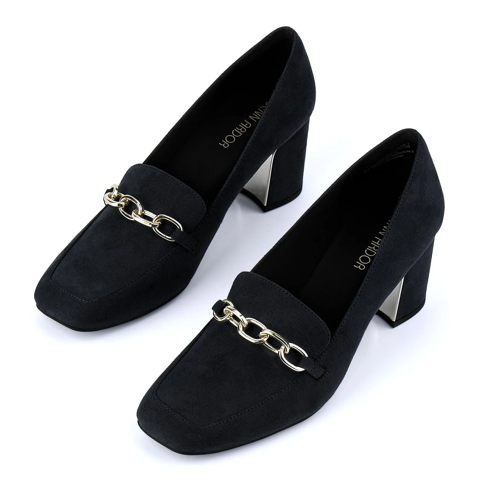 JENN ARDOR Women's Chunky Heel Loafers Pumps with Chain Detail