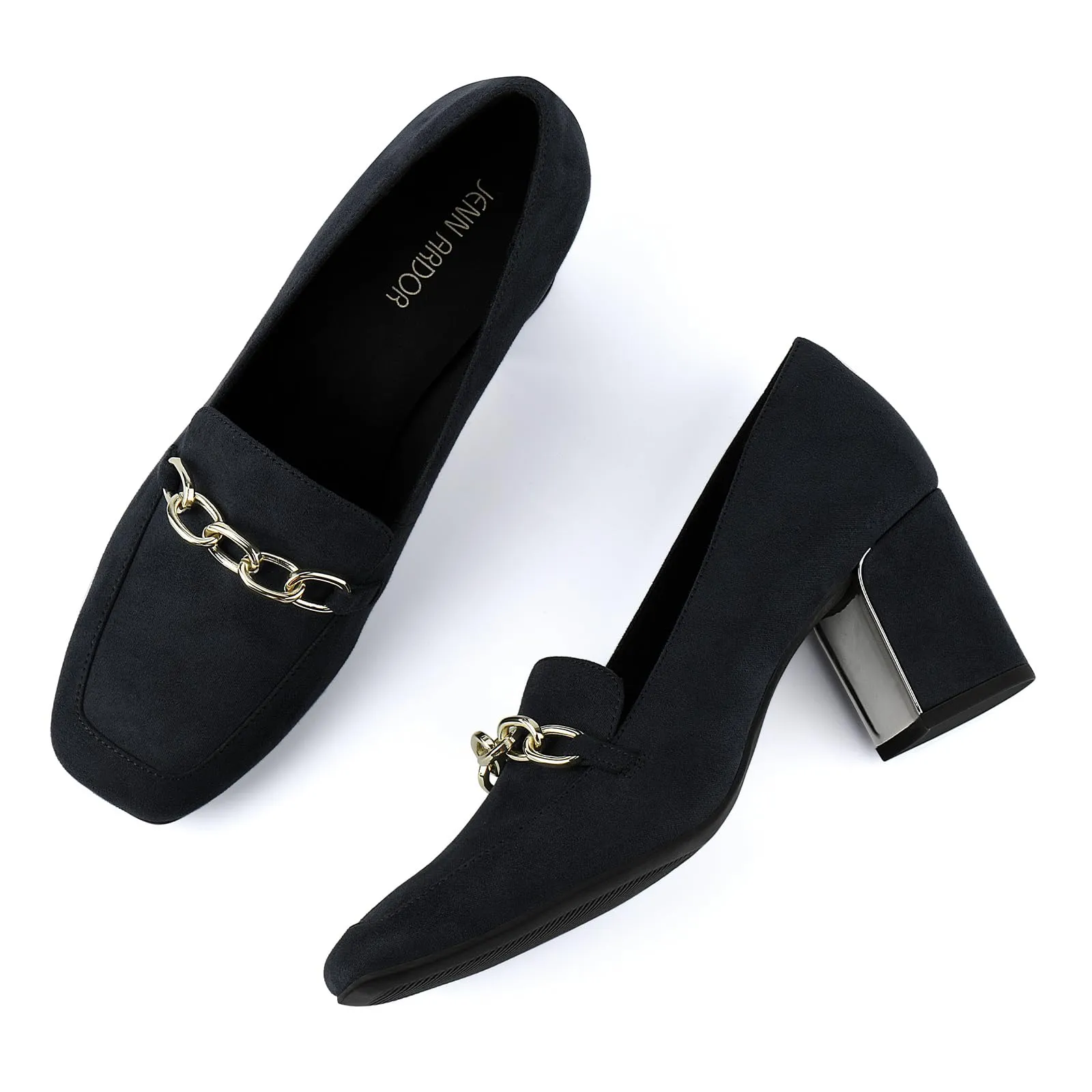 JENN ARDOR Women's Chunky Heel Loafers Pumps with Chain Detail