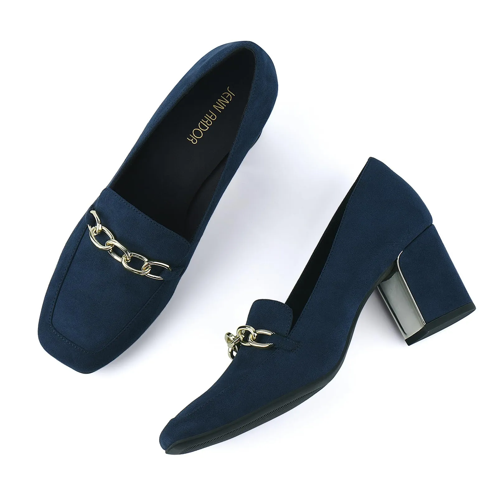 JENN ARDOR Women's Chunky Heel Loafers Pumps with Chain Detail