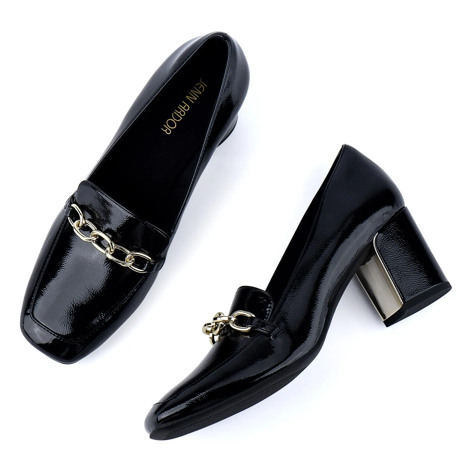 JENN ARDOR Women's Chunky Heel Loafers Pumps with Chain Detail
