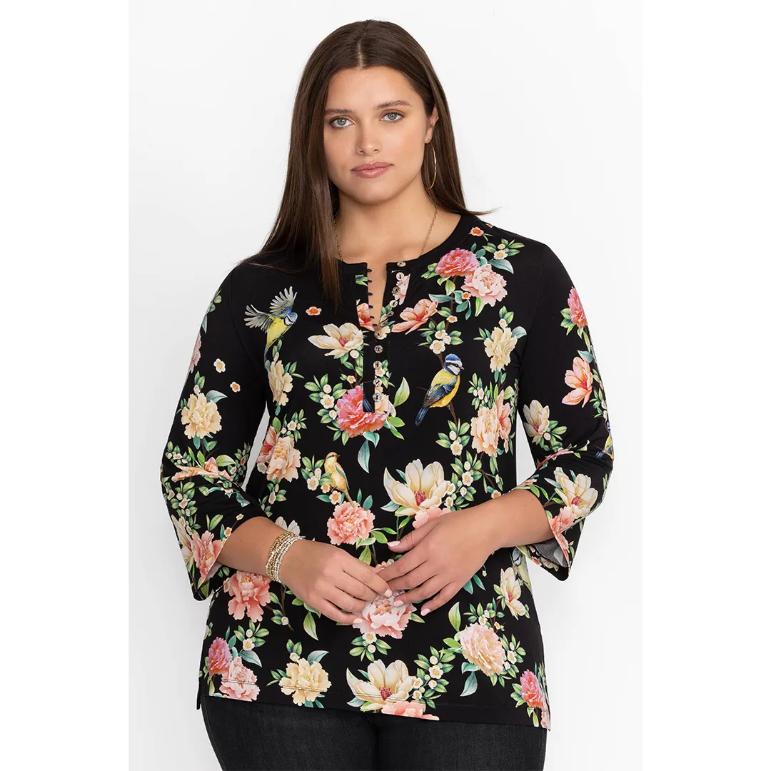 Johnny Was Janie Favorite Button Front Plus Tunic Birdie Black Top Shirt New