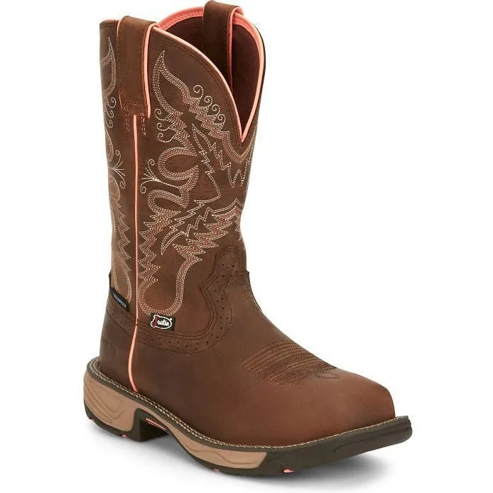 Justin Women's Rush 11" Comp Toe WP Western Work Boot -Brown- SE4357