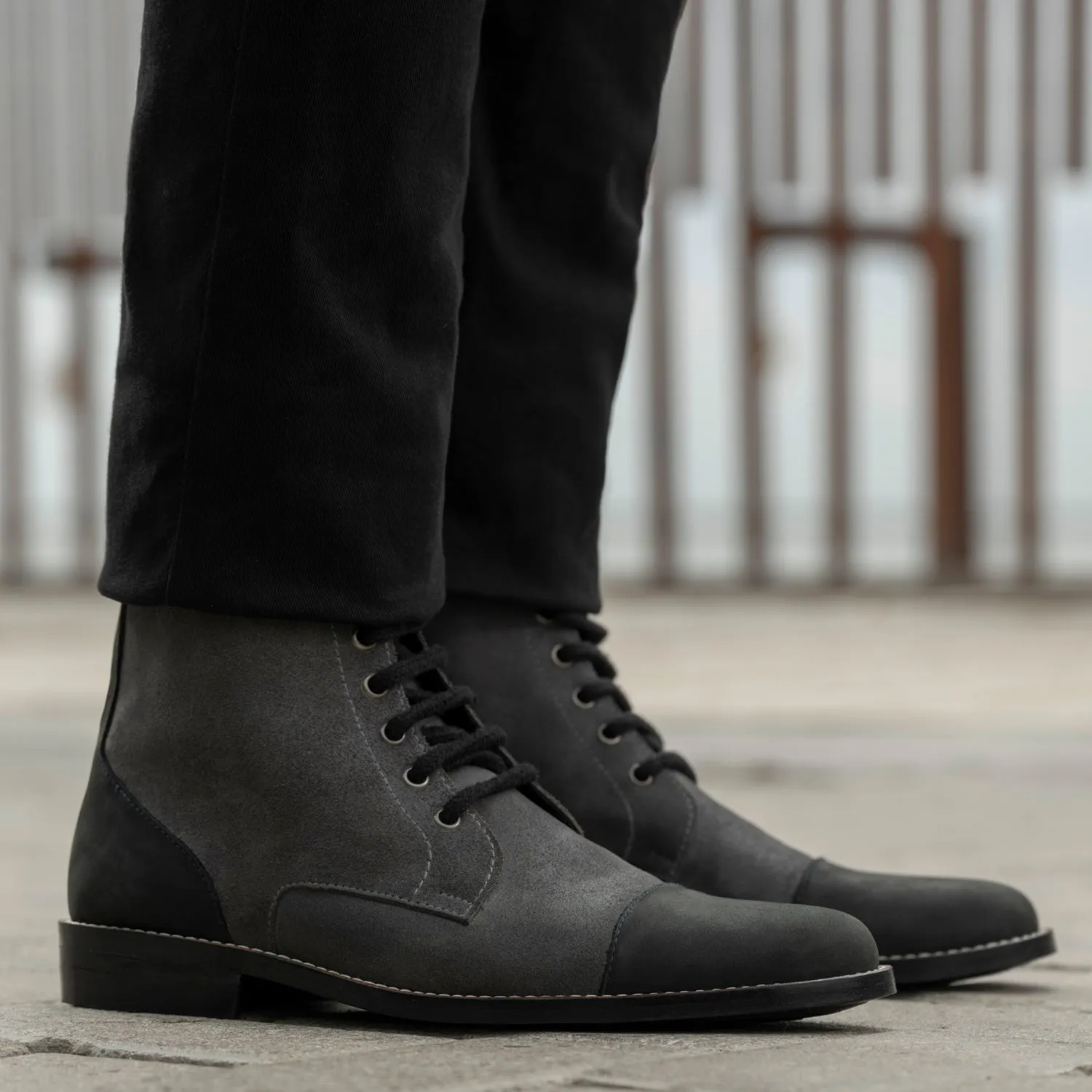 Knight Derby Grey & Black Leather Boots - StudGuard
