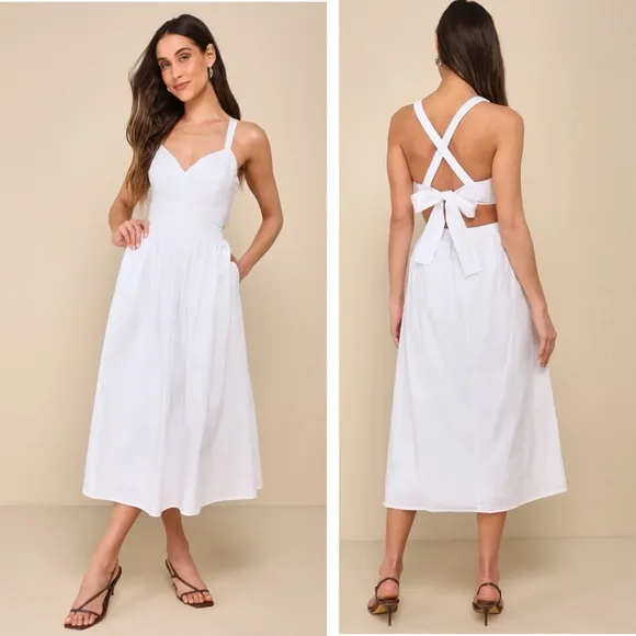 Lulus Strolling Sicily White Pleated Backless Midi Dress With Pockets Size Small