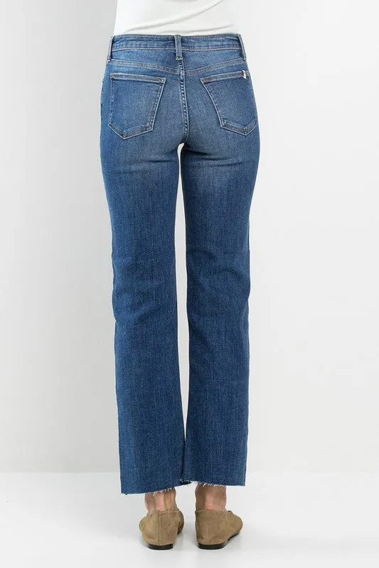 MID RISE ULTRA STRETCH STRAIGHT JEANS W/RAW CUT HEM