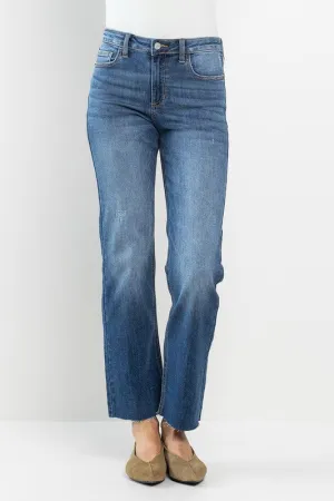 MID RISE ULTRA STRETCH STRAIGHT JEANS W/RAW CUT HEM